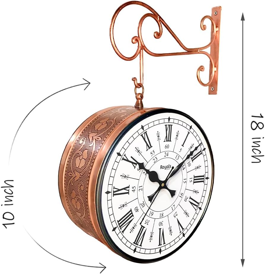 Double Sided Metal Vintage Station Analog Hanging Wall Clock for Home and Living Room with Antique Rose Gold and 24 Hours Dials on Both Sides [KTWCCR10]