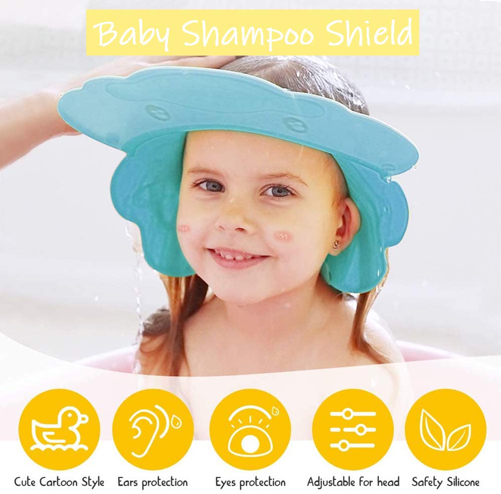 Blu Doccia Cap per Bambino, Sicurezza Cappello da Bathing, cappello con visore regolabile morbido per neonati e bambini, Proteggi occhi, bocca, orecchie(per 0.5-12 anni di età)