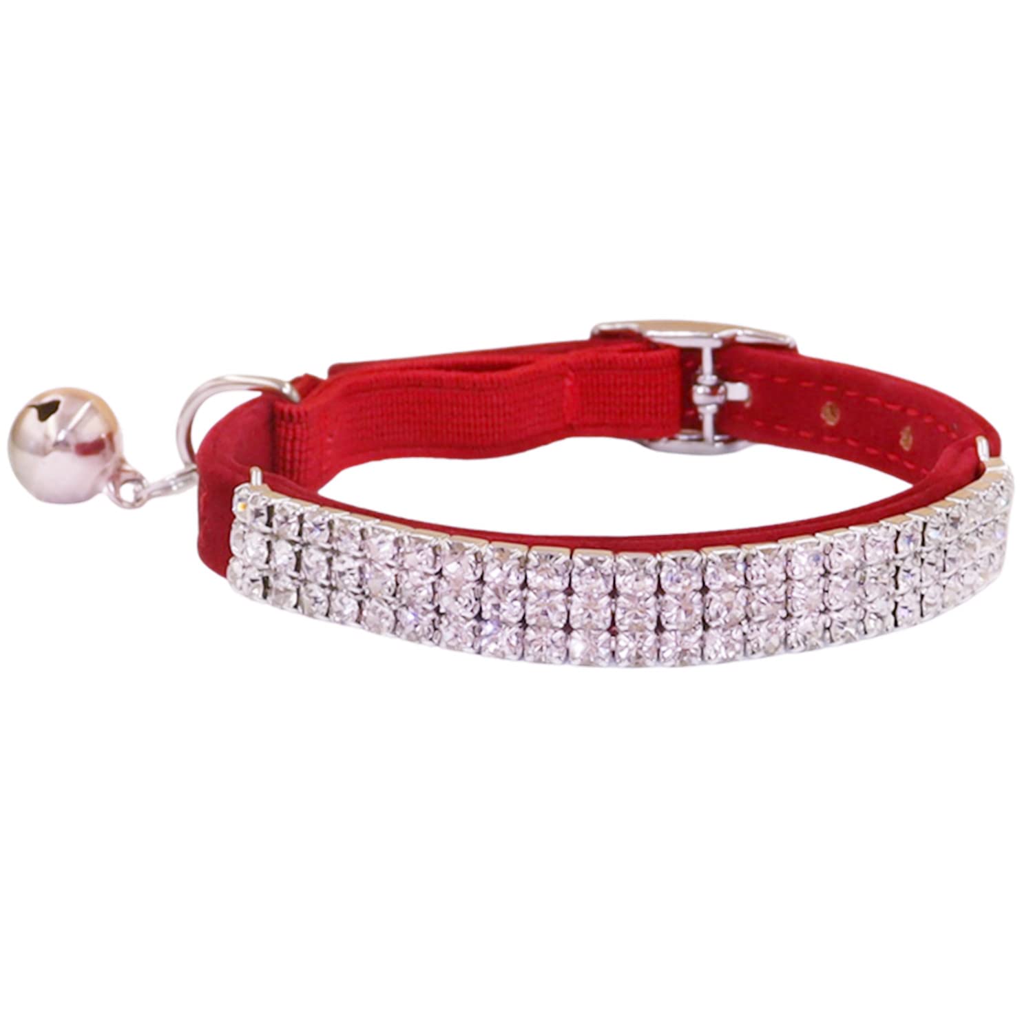 THAIN Rhinestones Cat Dog Collar Soft Velvet Safe Adjustable Collar Bling Diamante with Bells, 8-11 inch for Small Dogs and Cats (Red)