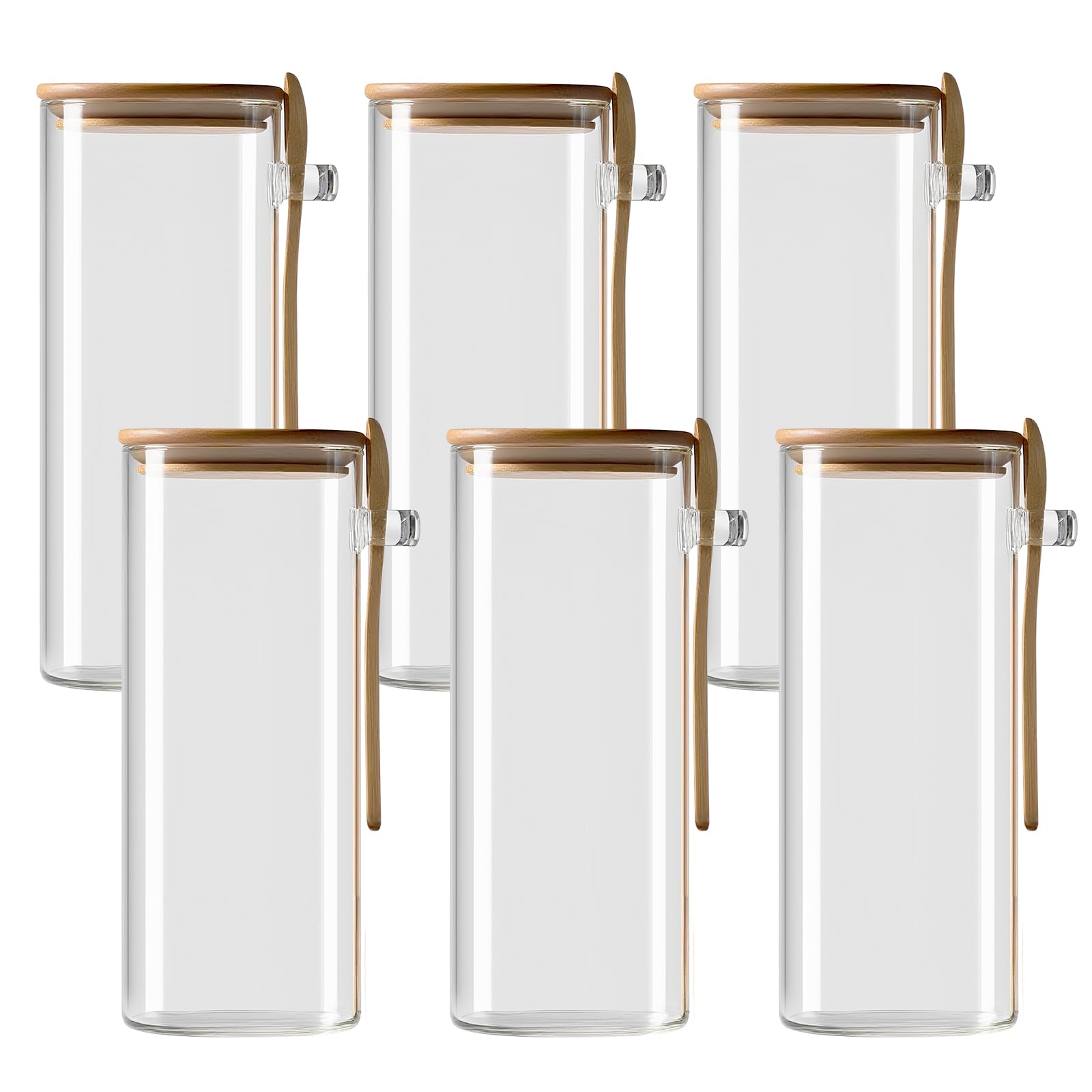 pantrytine Airtight Food Containers with Lids and Spoon Set of 6(1000ml) - Clear Glass Pasta Storage Containers - Stackable Glass Containers with Bamboo Lids for Coffee,Tea,Sugar,Cereal,Flour
