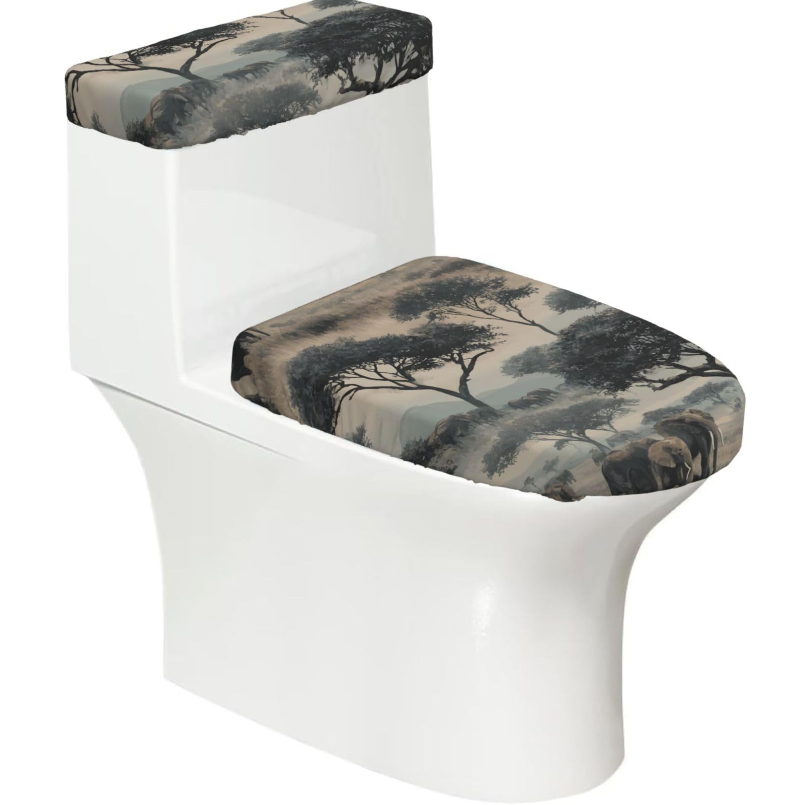 Wzycwb Black A Herd Of Elephants 2-Piece Toilet Seat Cover Set With Tank Lid, Elastic Fit For U-Shape & Elongated Toilets, Bathroom Decor, Housewarming Gift