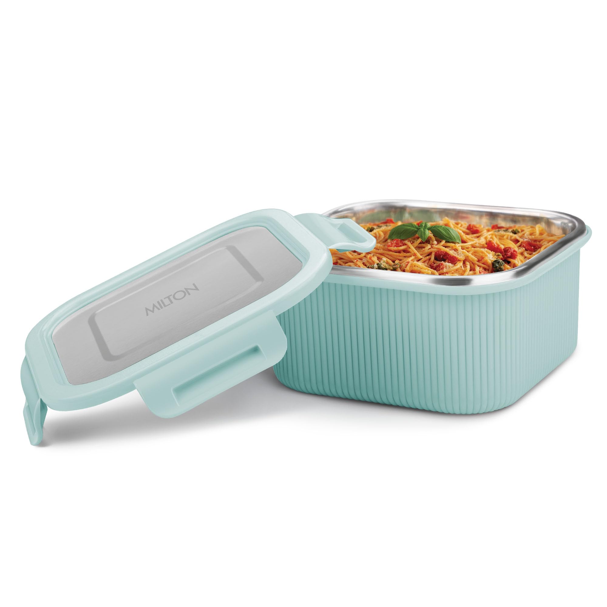 MILTON Cool Touch Square 800 Stainless Steel Container, 780 ml, Pastel Turquoise | Microwave Safe | Food Grade | BPA Free | Refrigerator Safe