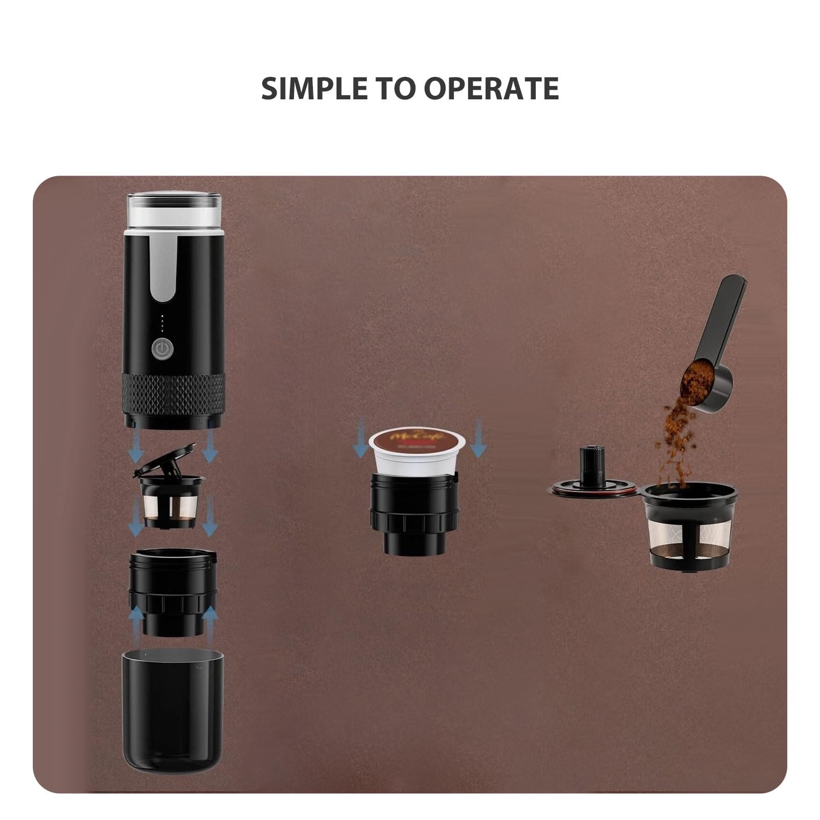 Fockety Cafetera Espresso Portátil, Cafetera de Viaje Compatible con Cápsulas K Cup y Café Molido, Batería 1200mah, Cafetera Monodosis para Camping RV Senderismo Oficina
