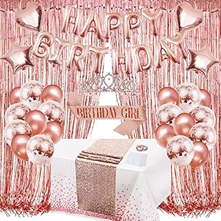 Rose Gold Birthday Party Decorations, Happy Birthday Banner, Glitter and White Table Runner, Sash, Queen Tiara, Fringe Curtains, Foil Confetti Balloon Party Decorations for Girls and Women