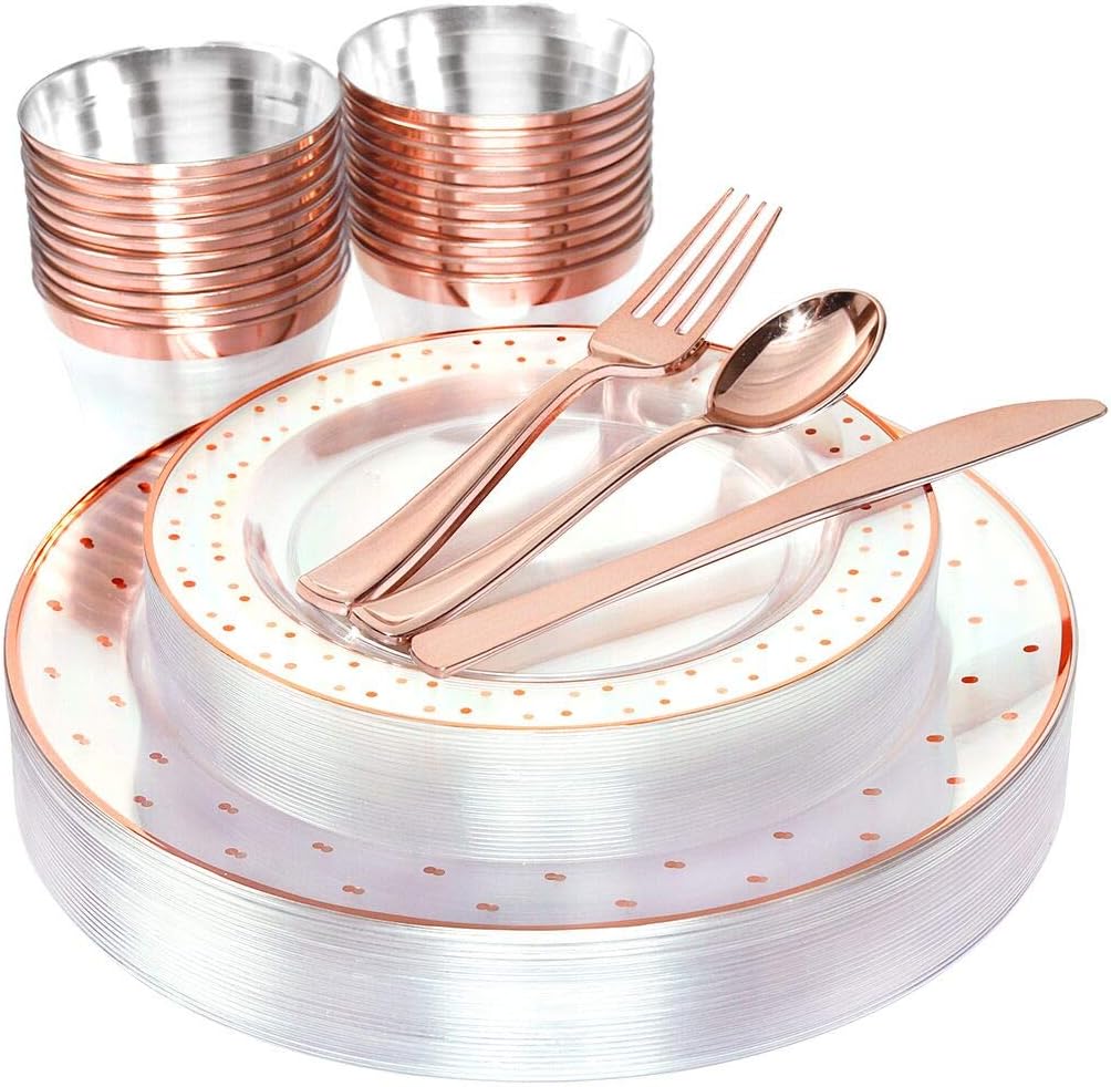 bUCLA25guest Rose Gold Plastic Plates with Disposable Silverware&9oz Cups- Dot Plastic Dinnerware include 25Dinner Plates, 25Salad Plates, 25Forks, 25Knives, 25Spoons, 25Cups