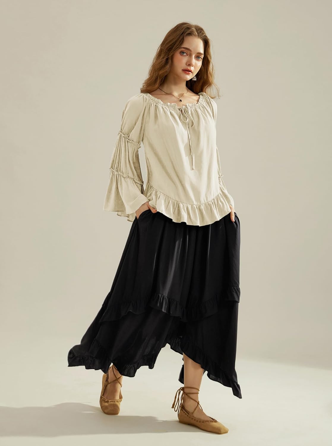 Scarlet Darkness Women Bell Sleeve Tops Ruffle Off Shoulder Casual Loose Renaissance Peasant Blouse - Image 5