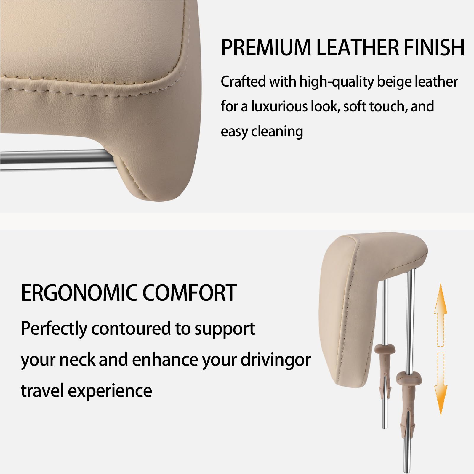 Appui-tête de voiture caché avec tiges en cuir beige ergonomique, compact et réglable, coussin de rechange pour siège de véhicule récréatif, van, SUV, camion, camping-car, confort intérieur