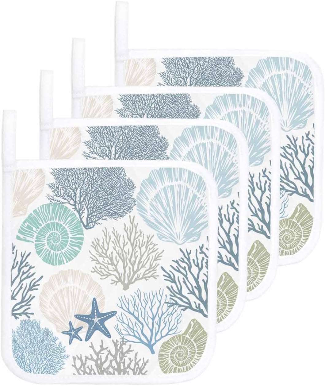 Blue Teal Coral Pot Holders for Kitchen Heat Insulation, Summer Beach Starfish Coastal Modern Geometric Potholders Hot Pads with Hanging Loop, Washable Oven Mitts Pot Holder Trivet for Cooking 4 Pack