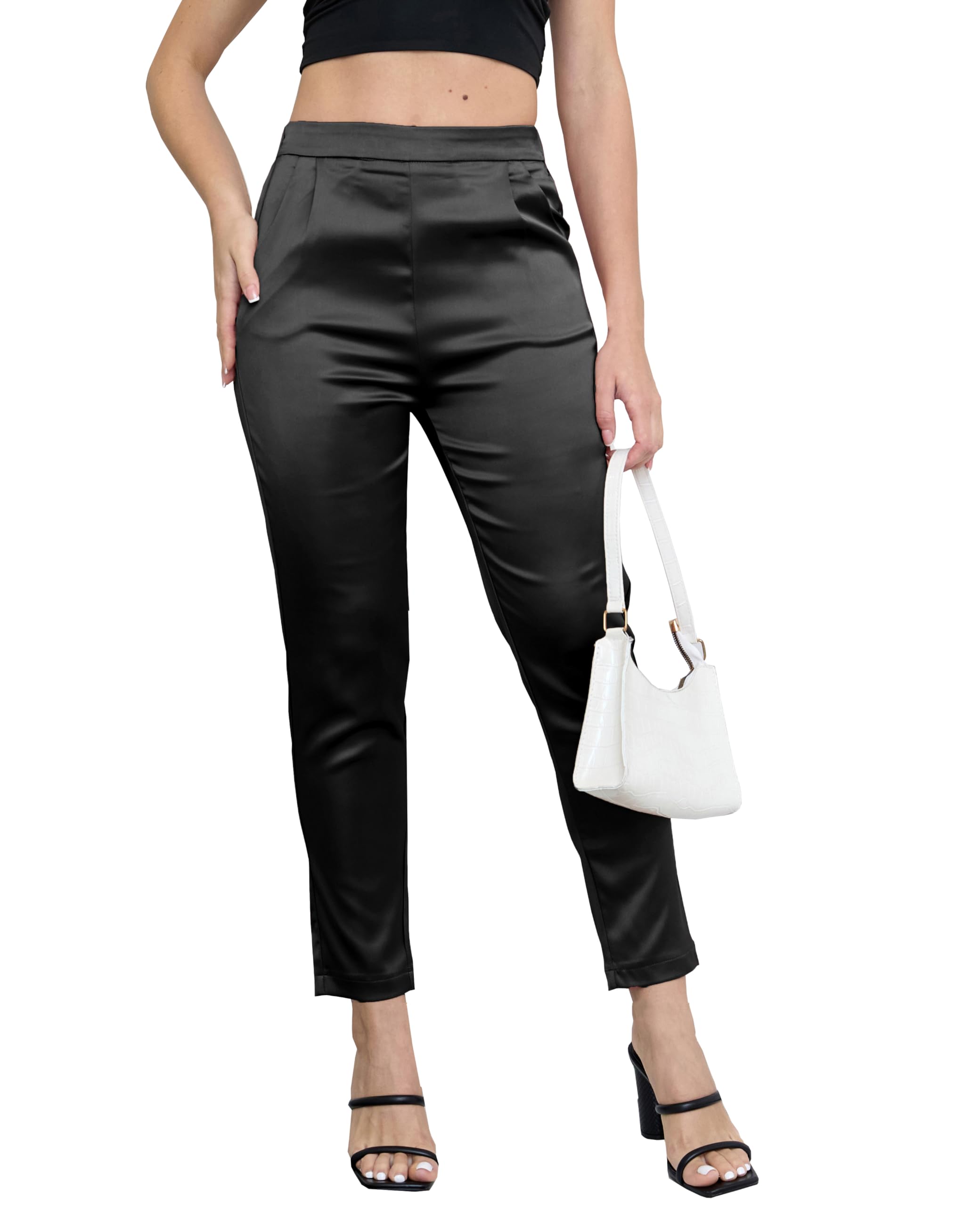 Womens Tapered Satin Pants Elastic Waist Business Work Casual Ankle Cropped Shiny Pants with Pockets