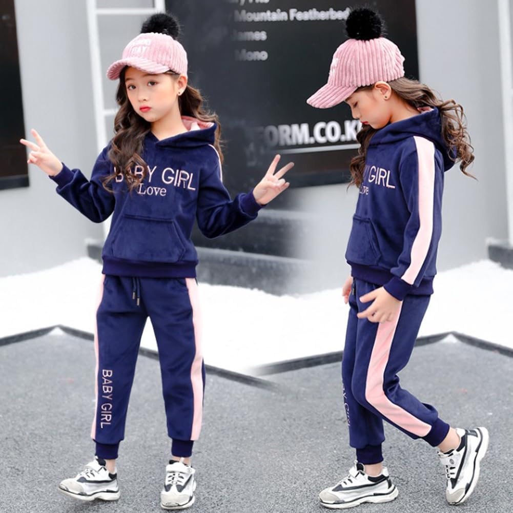 Conjunto Sudadera con Capucha y Pantalones para Niñas Ropa Deportiva Engrosamiento Chándal Terciopelo Dorado para 4-14 Años
