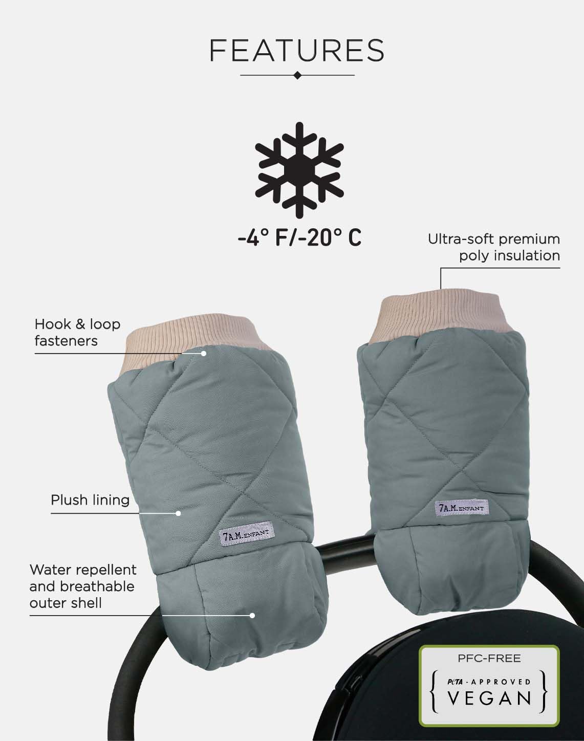 7AM Enfant - Guantes cálidos para cochecito de bebé, manoplas anticongelantes para manillar, calentador de manos repelente al agua, calentadores de cochecito con forro de felpa |Espejismo acolchado