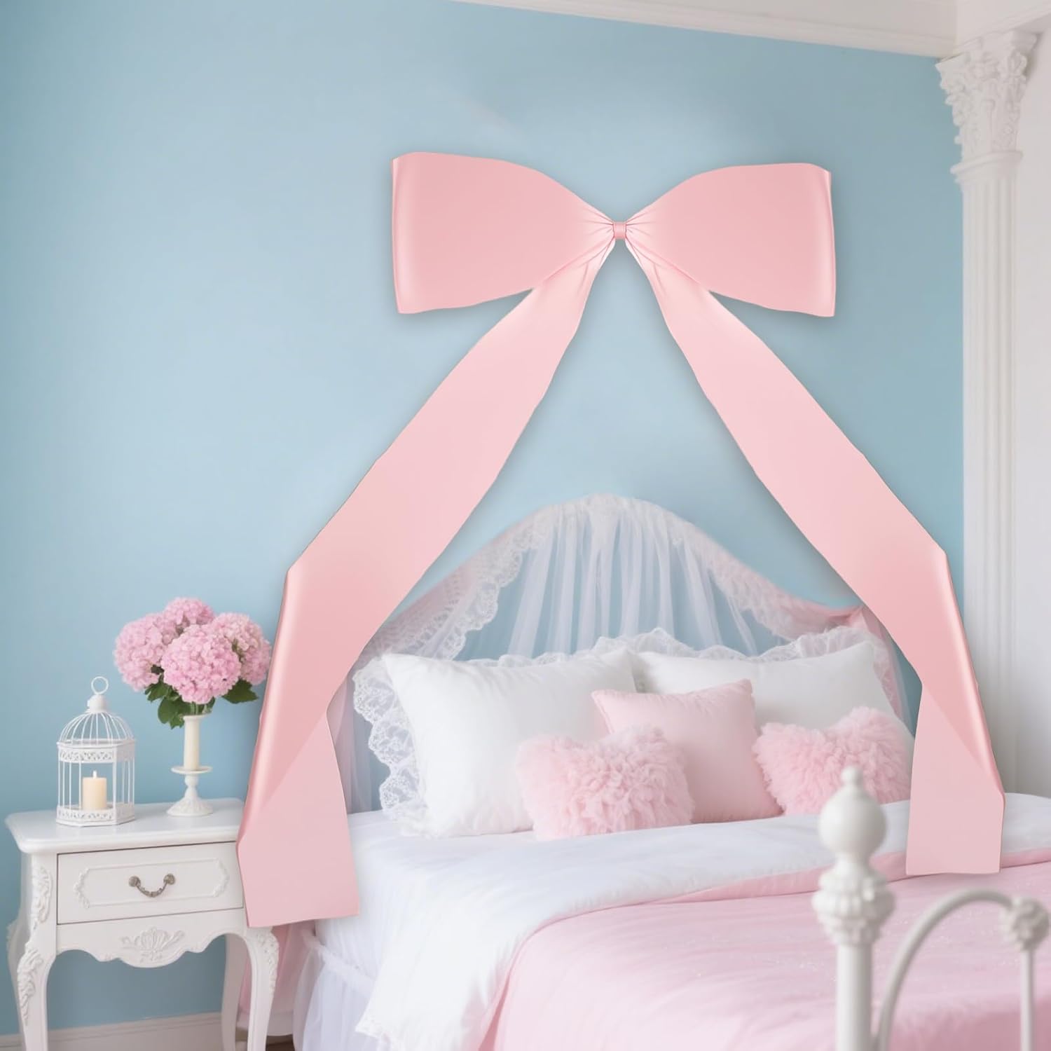 2 Pcs 74 x 45 Inches Giant Bow Decoration with Long Streamers Pink Extra Large Satin Bow for Wedding Coquette Birthday Party Decorations Tree Arch Fireplace Mirror Wall