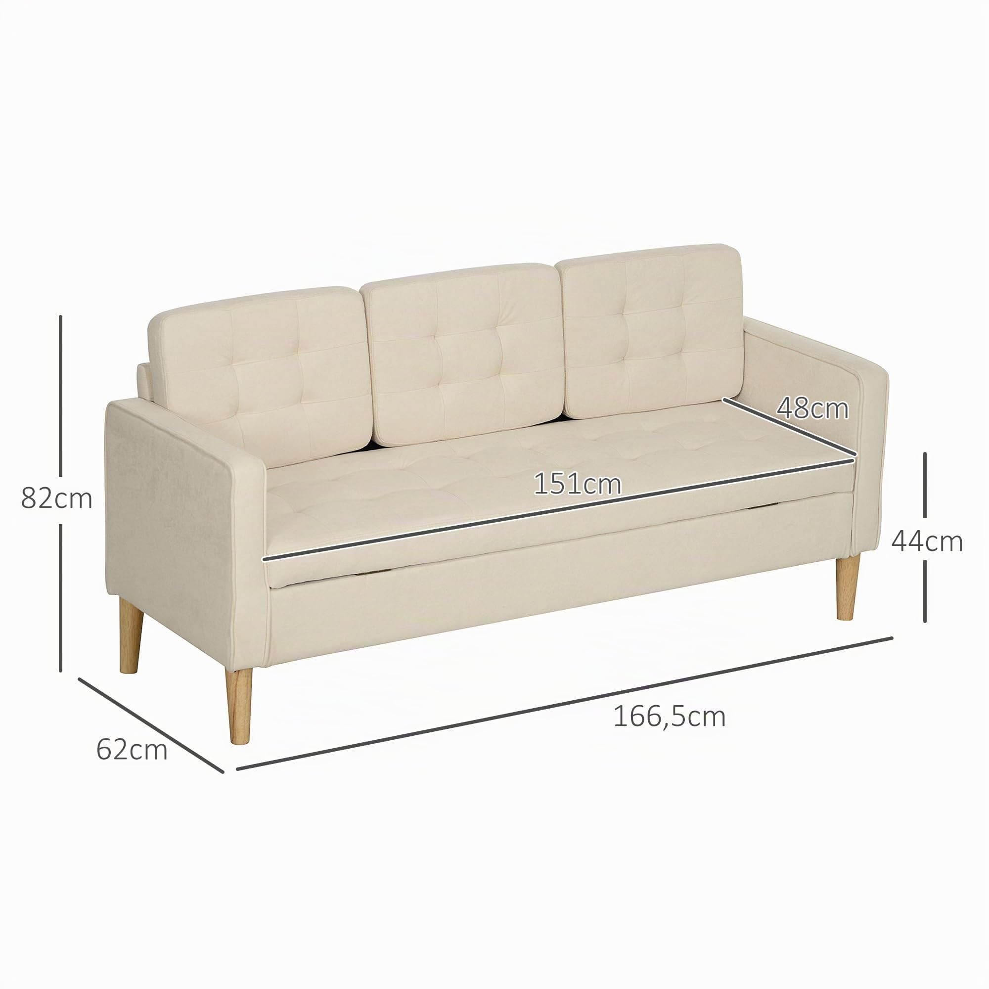 HOMCOM Canapé 3 Places en Flanelle Neige 166,5 cm Rangement Caché Crème
