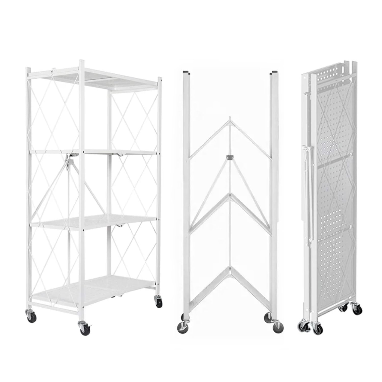 Estantería plegable de 4 niveles, armario multiusos de metal con ruedas, 80 kg, para cocina, baño, salón (blanco)