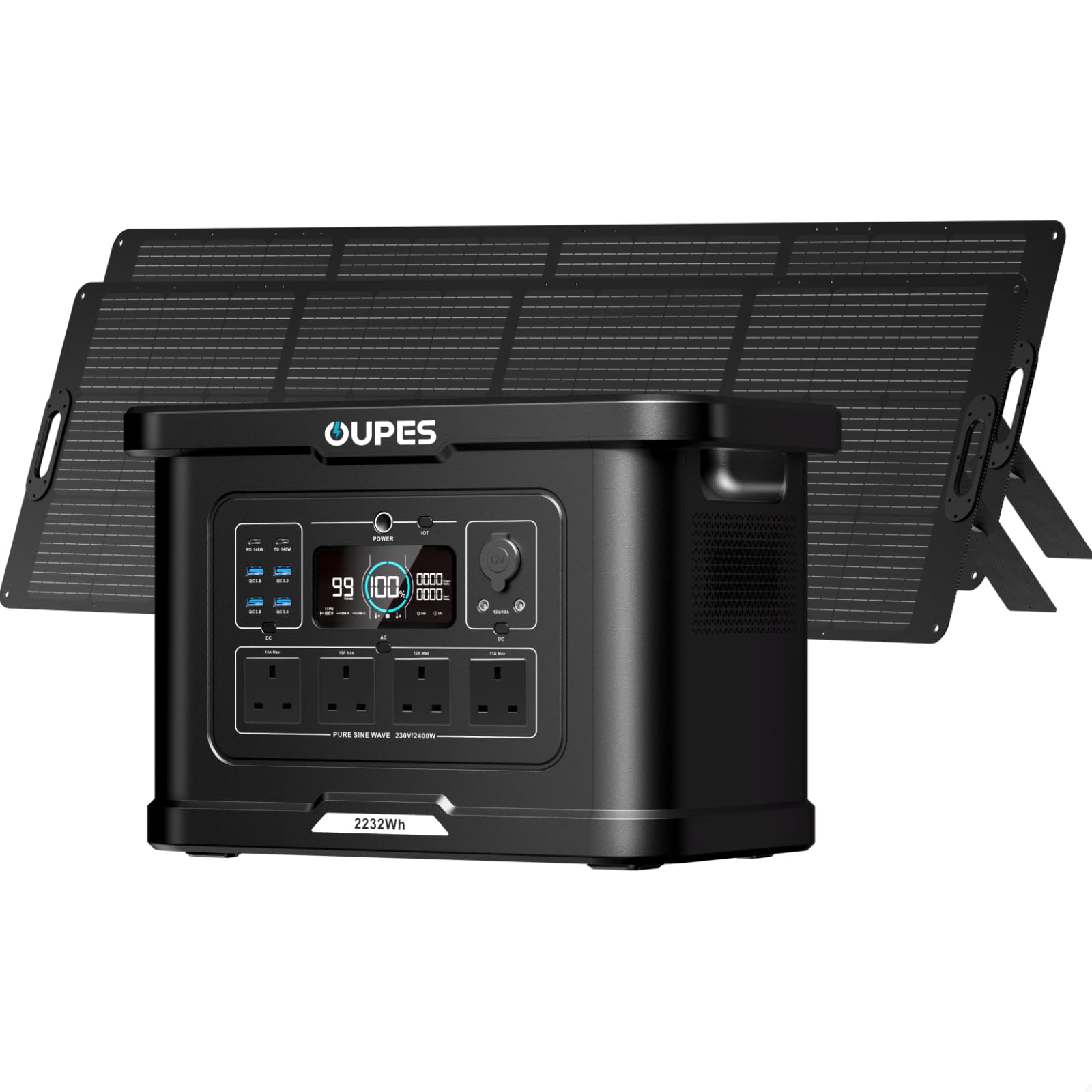 Oupes Black Exodus 2400 Solar Generator With 480W Solar Panel, 2232Wh Portable Power Station W/ 4 2400W (4500W Peak) Ac Outlets, 0-80% In 50 Min., Ups & App Control, Suit For Home Backup, Camping, Off-Grid