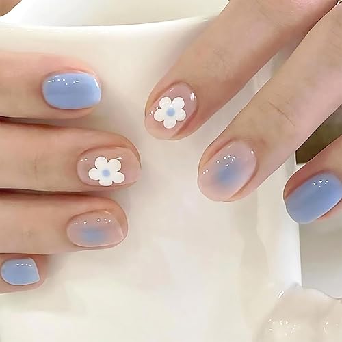 Lindas uñas postizas a presión de flores, uñas postizas cortas en forma de ataúd, uñas postizas de color liso azul, uñas acrílicas artificiales