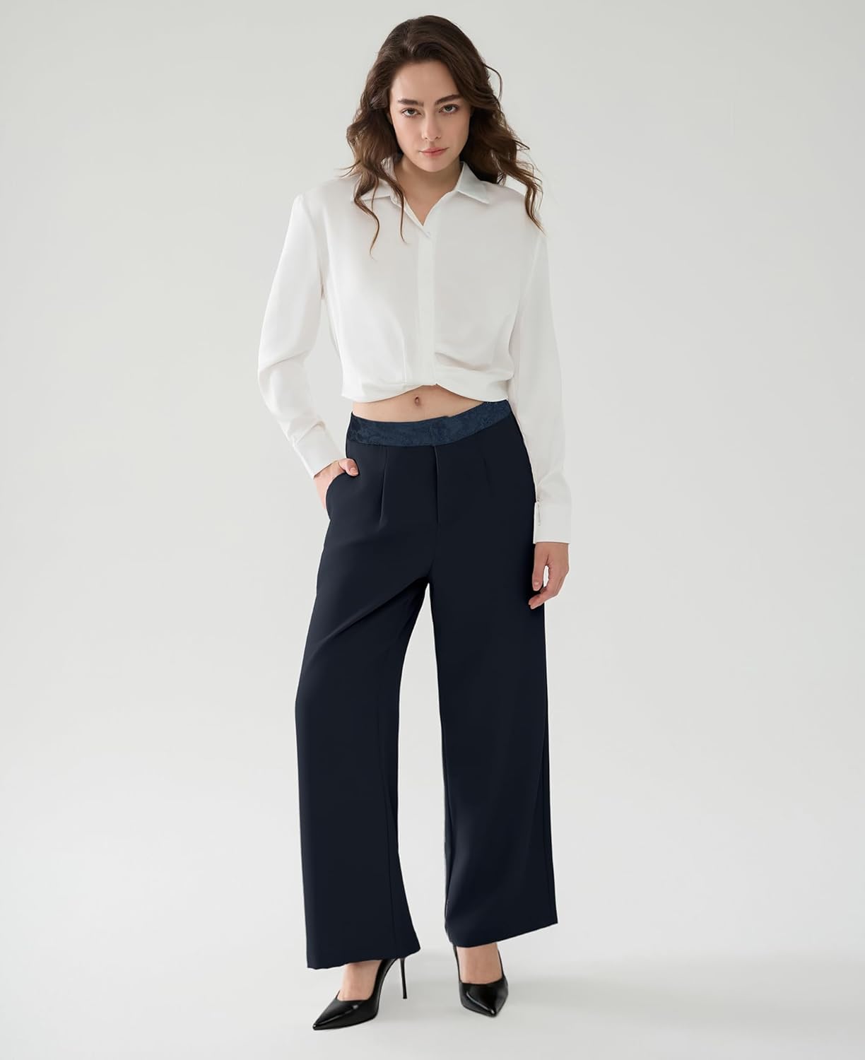 Susclude Womens Lace Casual Dress Pants Wide Leg Baggy Pleated Old Money Slacks High Waisted Fashion Business Work Trousers - Image 7