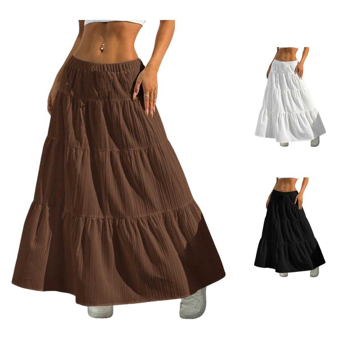Womens Maxi Skirt High Waist Boho Style White Maxi Skirt High Waisted Ruffle Tiered Long Skirt