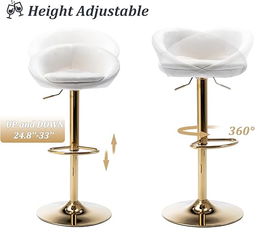 Miniatura 6 de CIMOTA Juego de 2 taburetes de bar giratorios de terciopelo, sillas de bar ajustables con respaldo abiertobase dorada para isla, hogar, bar,