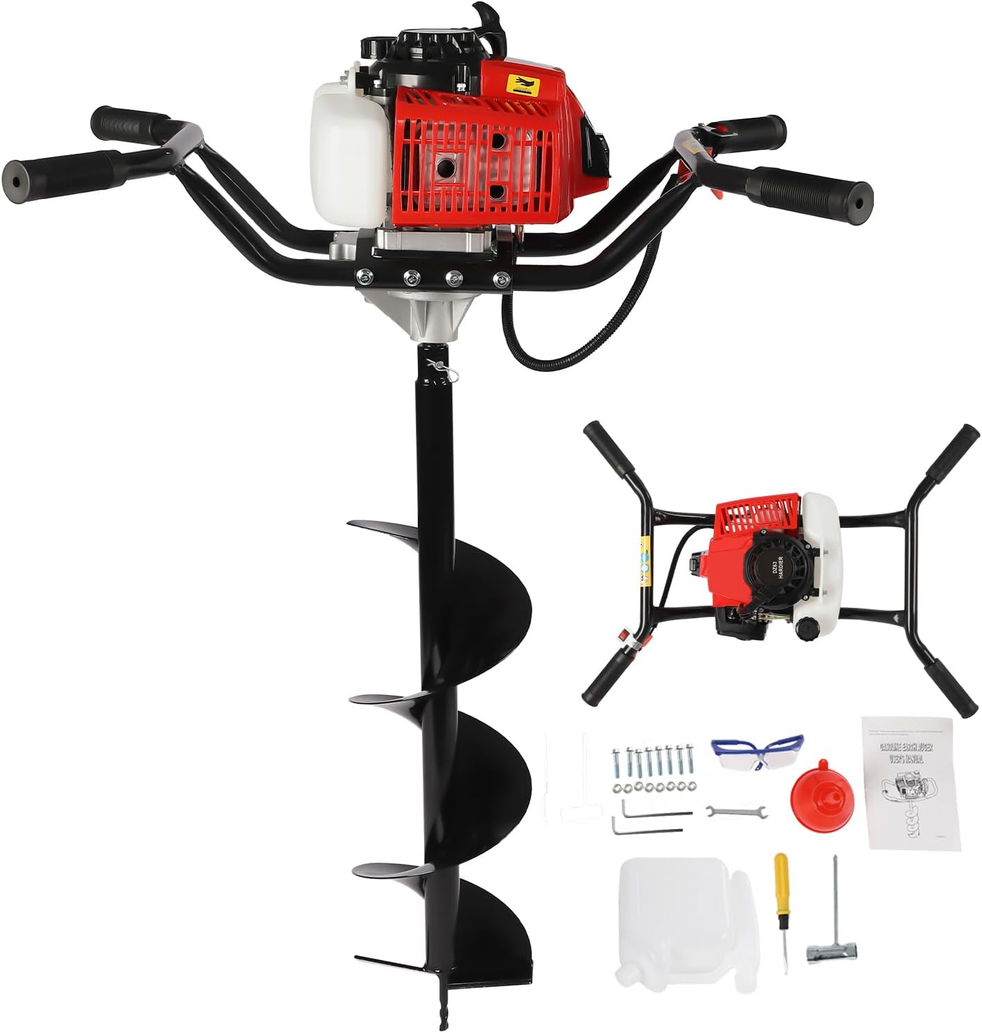 63cc Gas Powered Auger Post Hole Digger, with 8" Auger Triple Drill, 2 Stroke Petrol Gas Powered Earth Auger 2-Person Auger for Planting, Earth Burrowing/Drilling & Fences