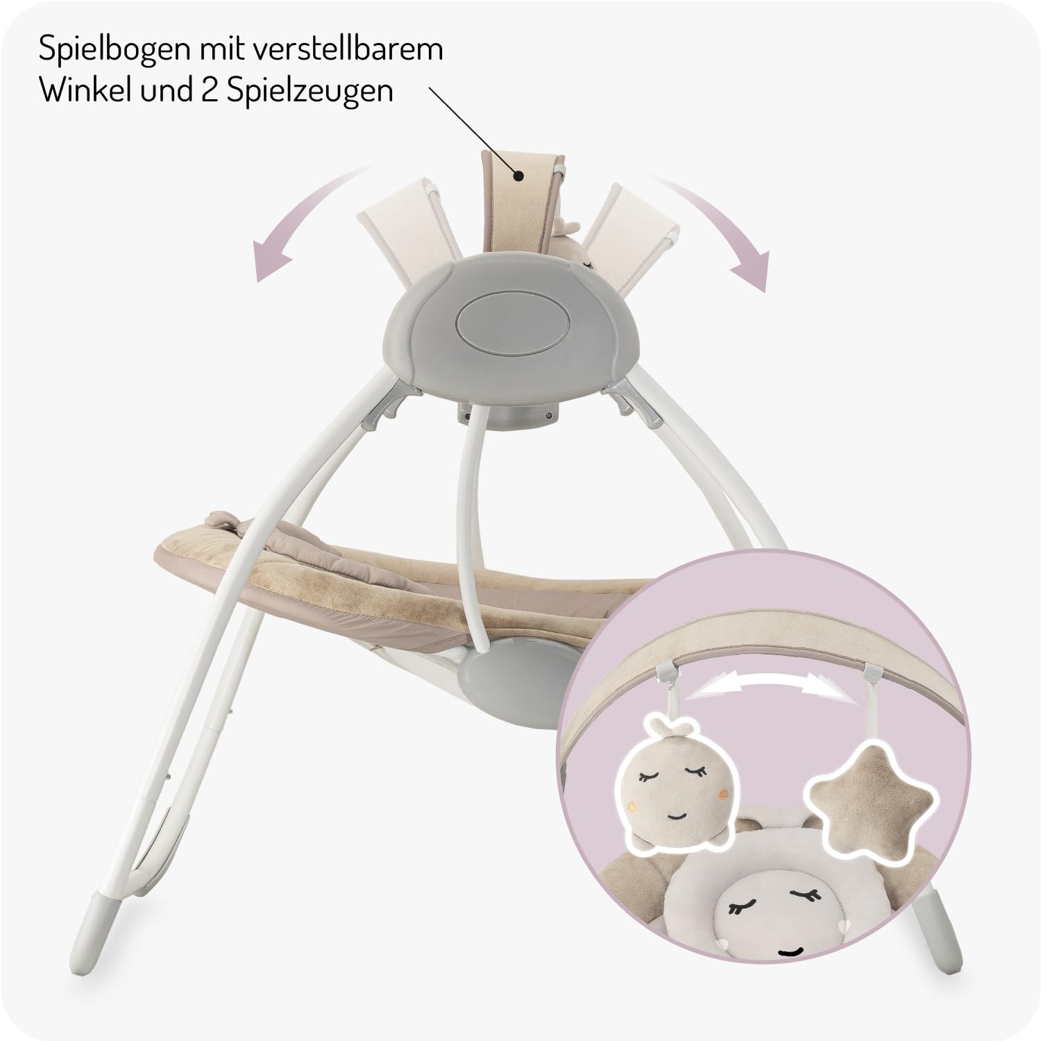 MoMi Babywippe LISS für Babys bis 9 kg, faltbar, Batterie- oder Netzbetrieb, Netzteil mit USB-Kabel, 5-Punkt-Sicherheitsgurt, Bügel und Spielzeug, 6 Melodien, Timer, 5 Schaukelgeschwindigkeit