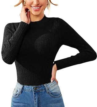 SheIn Women's Mock Neck Long Sleeve Sweaters Solid Ribbed