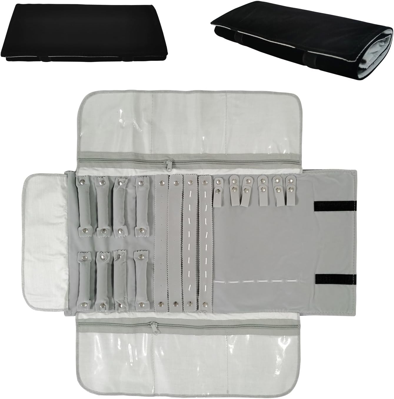SCIKHEFT Velvet Travel Jewelry Case Roll Bag Organizer for Necklace Bracelet Earrings Ring (Black) (grey and black)