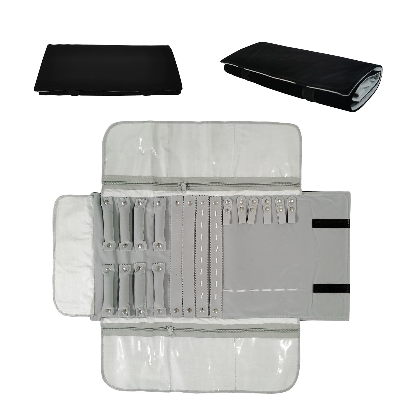Velvet Travel Jewelry Case Roll Bag Organizer for Necklace Bracelet Earrings Ring (Black) (grey and black)