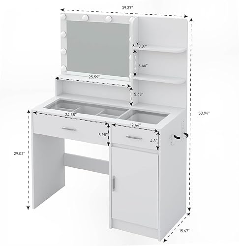 Miniatura 2 de Escritorio blanco con espejo y luces, tocador con parte superior de vidrio y toma de corriente, tocador con 36 modos de iluminación, cajones RGB