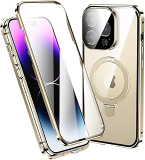 Magsafe対応 iPhone 14 Pro Max ケース リング付き 全面カバー スタンド機能 カメラレンズ保護 フルカバー 液晶保護ガラス アイフォン14 Pro Max リングケース 透明 クリア,金