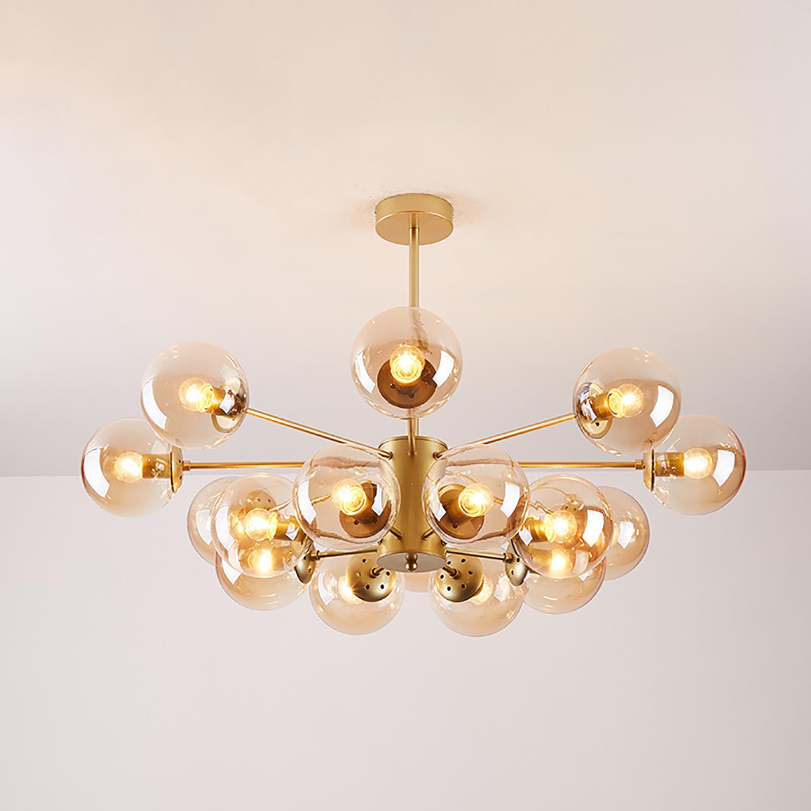 ksxnkhk Mid Century Modern Chandelier, Glass Linear Pendant Light Dimmable Light Fixture, Decorative Globe Ceiling Light for Dining Room, Bedroom, Kitchen, Easy Installation(16 Heads, Gold + Brown)