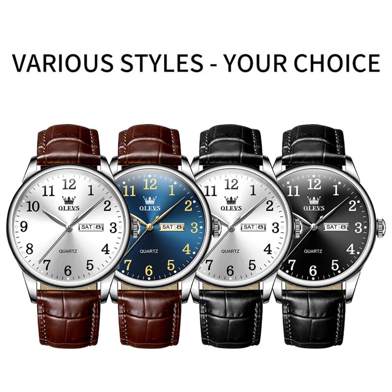Image of OLEVS Men Watches Dress Waterproof Leather Band Classic Large Face Luxury Watches for Men Casual Fashioned Nice Analog Watch Men Day Date Easy Reader Quartz Original Business Adjustable Watches Men