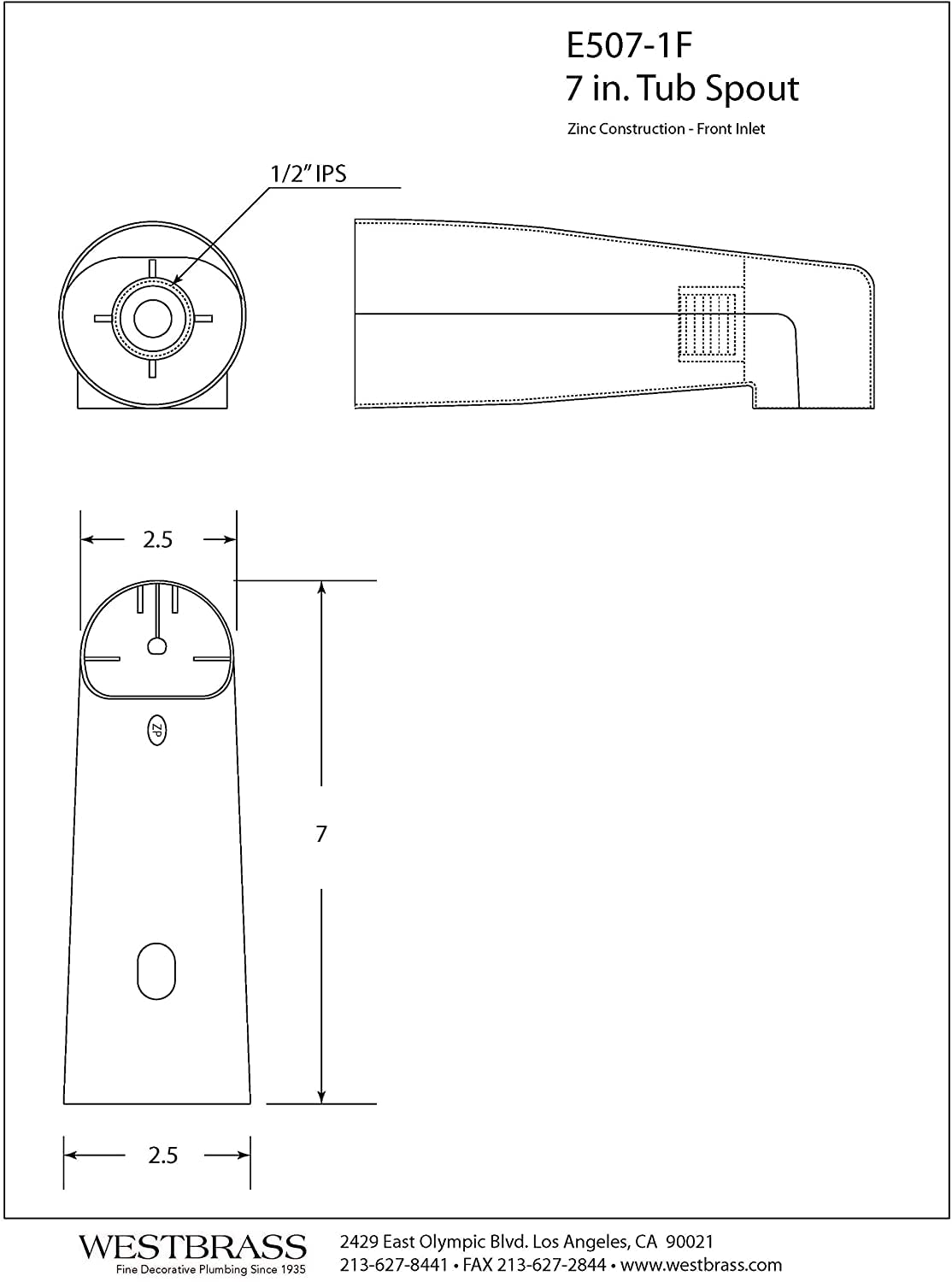 Westbrass E507-1F-20 7 "Alcance de montaje en pared Tub Spout, acero inoxidable