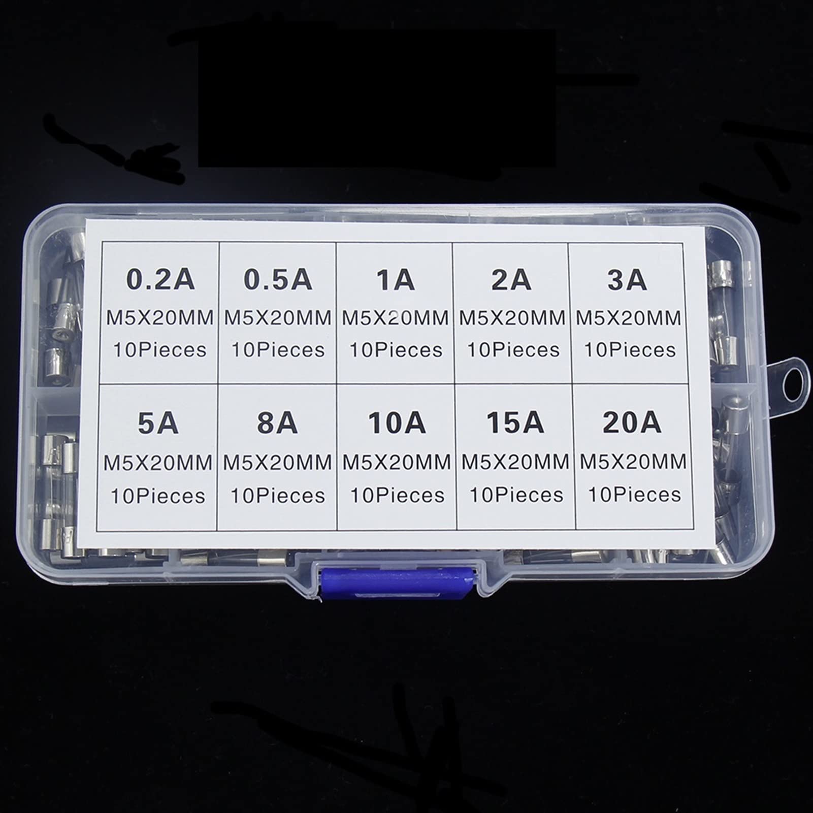 Sicherung 5 x 20 mm, schnell geblasene Glasrohrsicherungen, sortierte Sets, Glassicherungen Glas 82 Stück/100 Stück/250 Stück 1A-20A(100pcs Box)