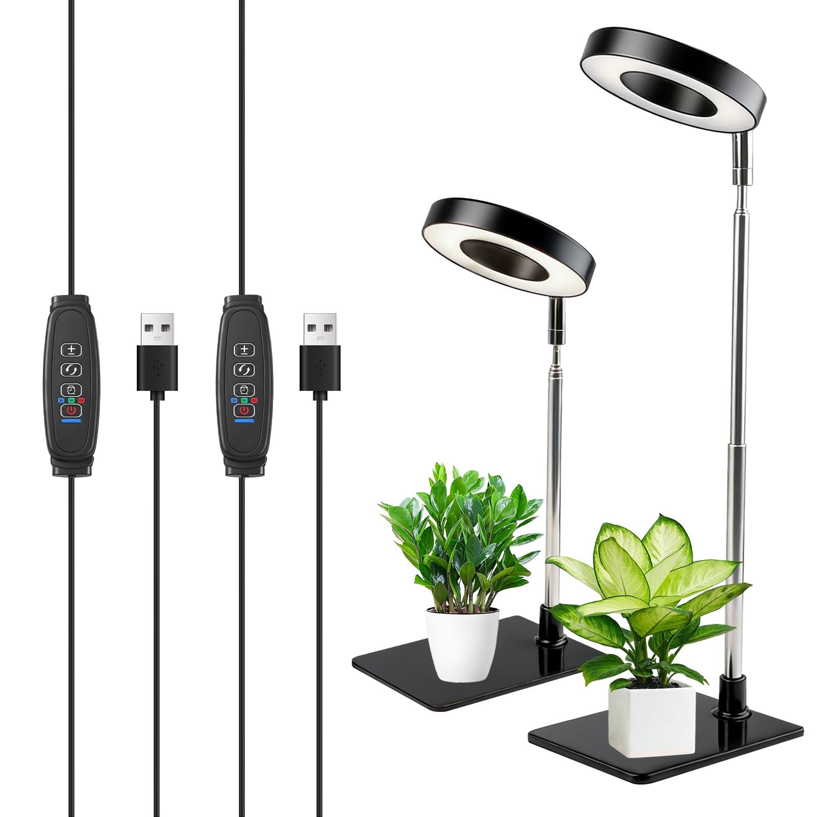 AETPI Grow Lights for Indoor Plants, 2-Pack 48 LED Full Spectrum Plant Light with Detachable Base Height Adjustable Halo Growing Lamps with 3 Color Modes Auto Timer 3/9/12H and 10 Dimming Brightness