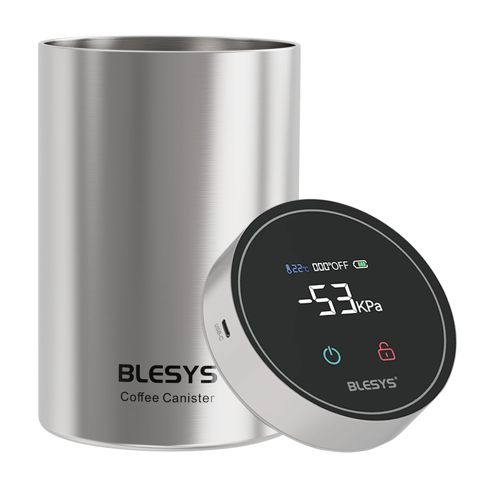 Smart Vacuum Coffee Canister, 1.8L Automatic Stainless Steel Food Storage Container, LCD Monitoring, One-touch Freshness, Keep Pressure, Date Tracker, Extra-long Standby Time, holds 20oz Coffee Beans