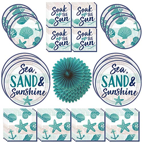Amscan Sea, Sand, Sun Dinnerware Bundle | Plates, Napkins, Tissue Fans | Kids Birthday Party, Ocean Theme Decorations, Mermaid Party Decor