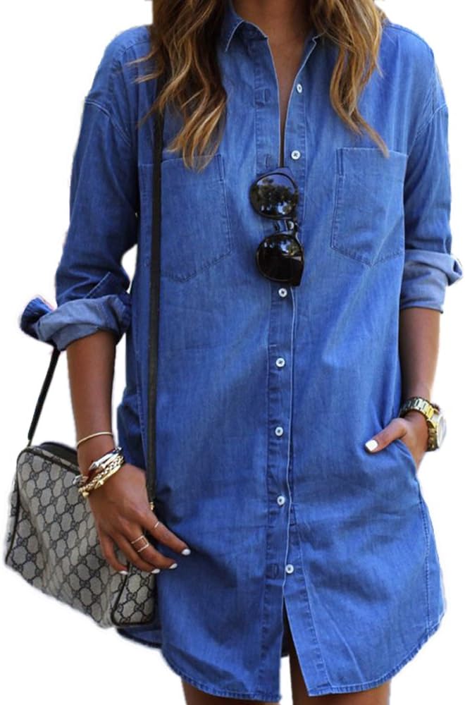 Womens Vintage Long Sleeve Blue Jean Denim Long Tunic Tops Blouse Denim Shift Dress