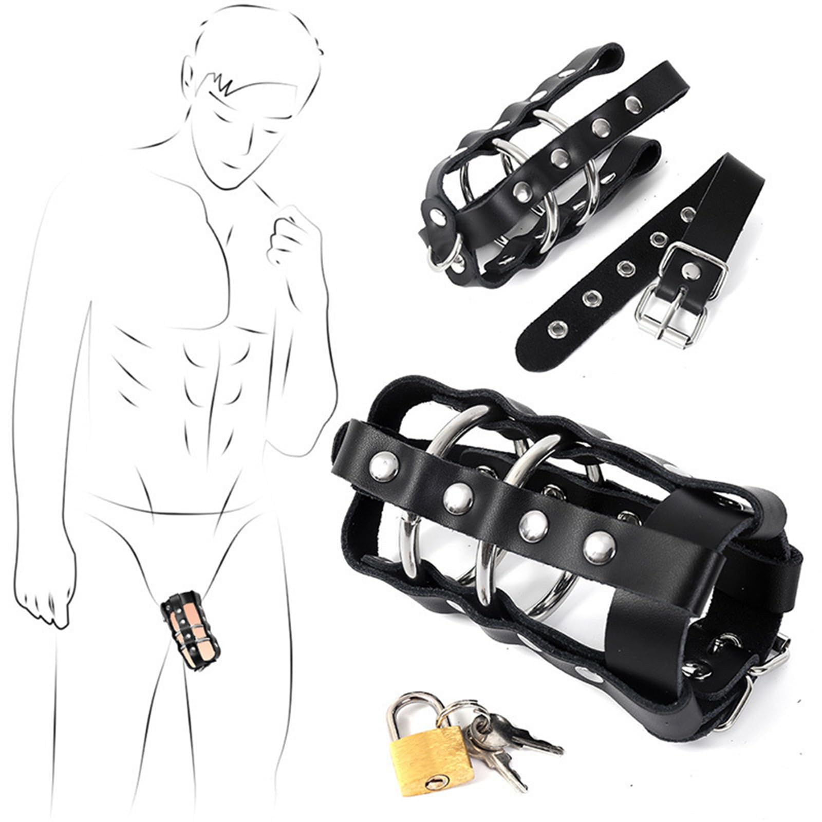 Piyaeie Men's Black Chastity Cage Stainless Steel Lockable Cock Cage With Leather Straps, Adjustable Penis For Chastity Play & Fetish Training