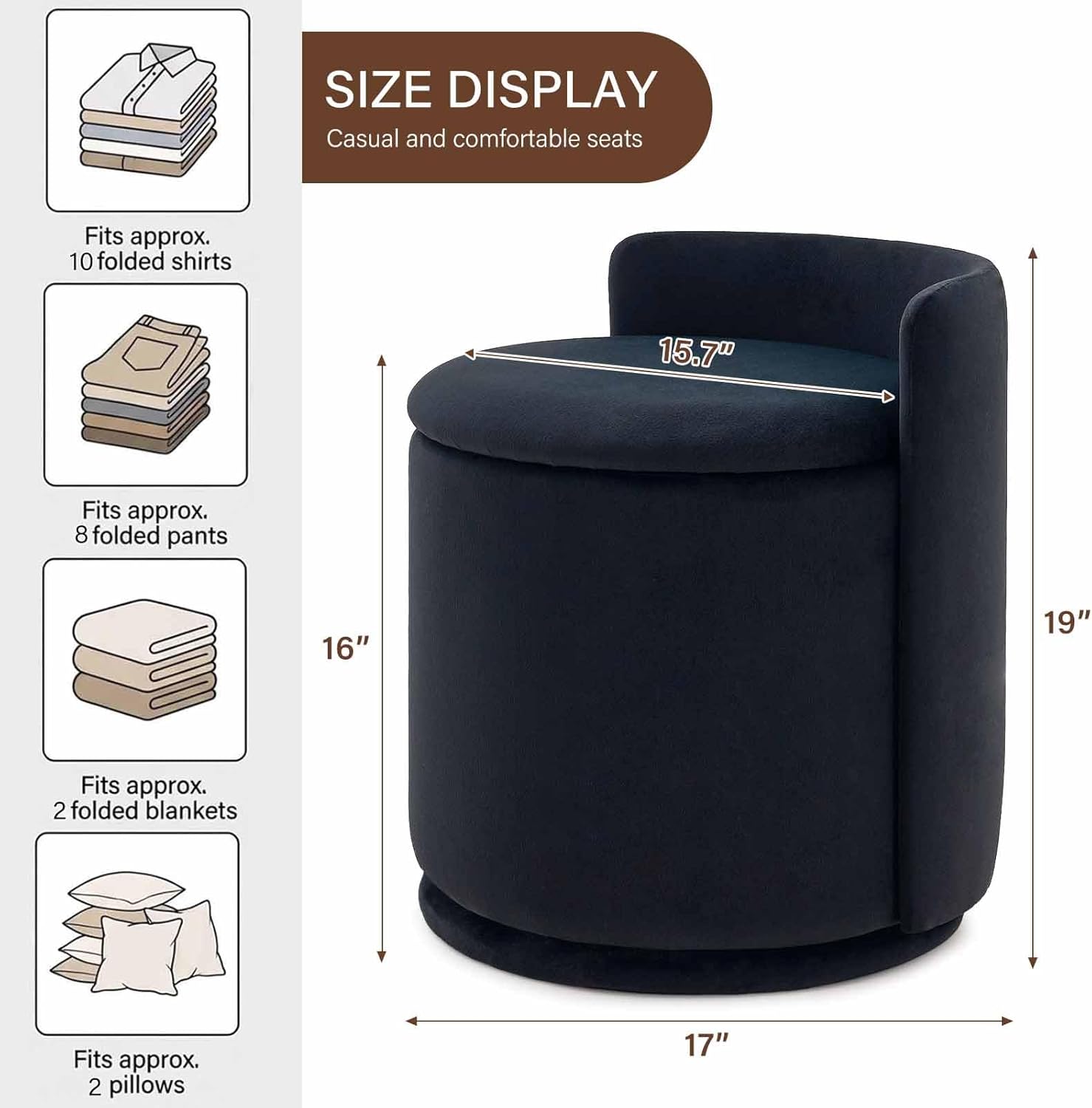 360° Swivel Makeup Chair with Storage, Upholstered Accent Stool with Back, Round Vanity Stool Ottoman for Living Room, Makeup Room, Bedroom (Black)