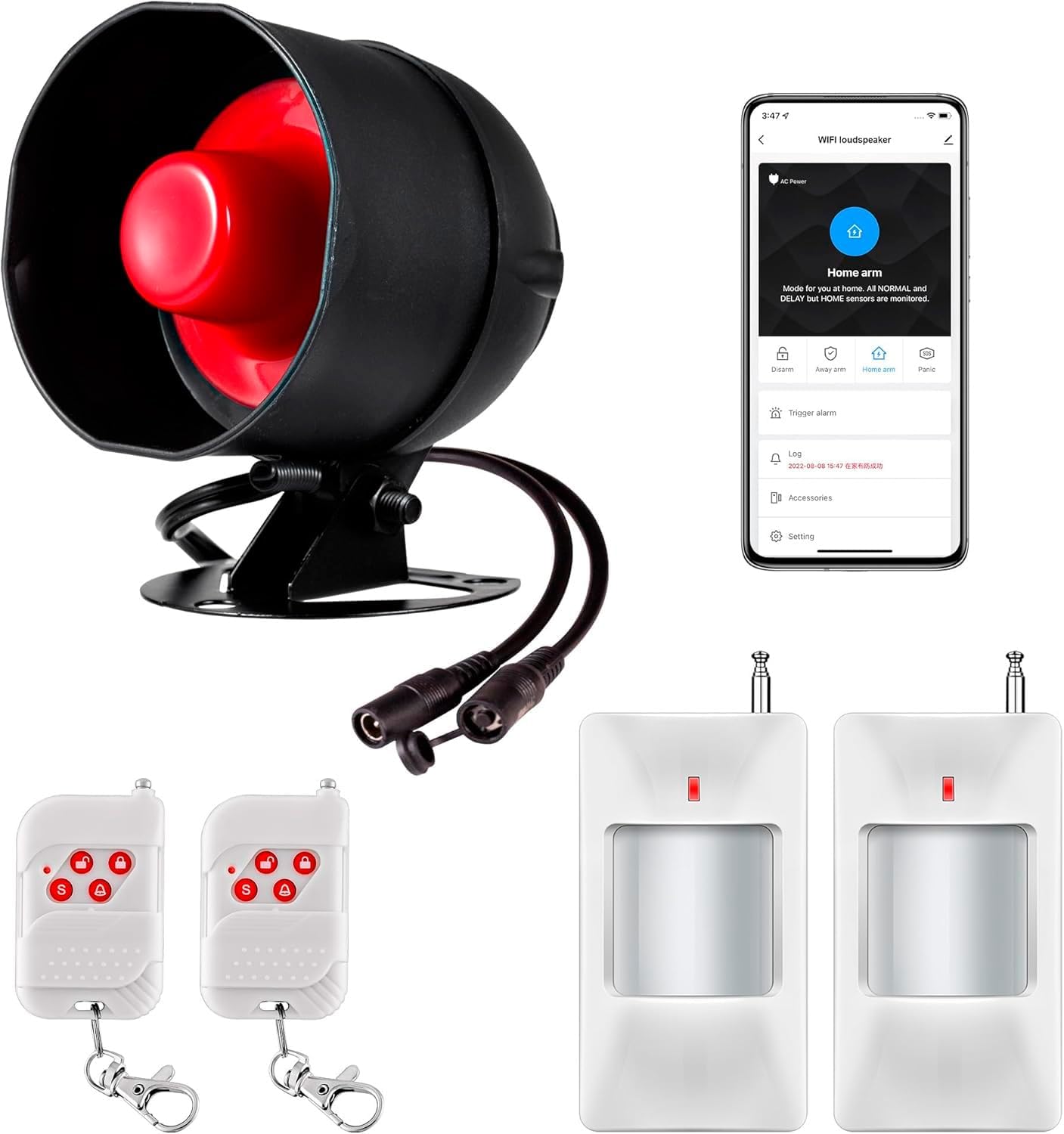 WiFi Alarm Security System, 120dB Wireless Alarm System for Home Security with Free Notification APP Control and Motion Sensor Siren, Remote Control for Shed Garage