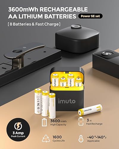 Miniatura 2 de imuto Baterías recargables AA con cargador, baterías de litio AA de 3600 mWh, paquete de 8, cargador de batería de litio AA de 4 ranuras, salida de