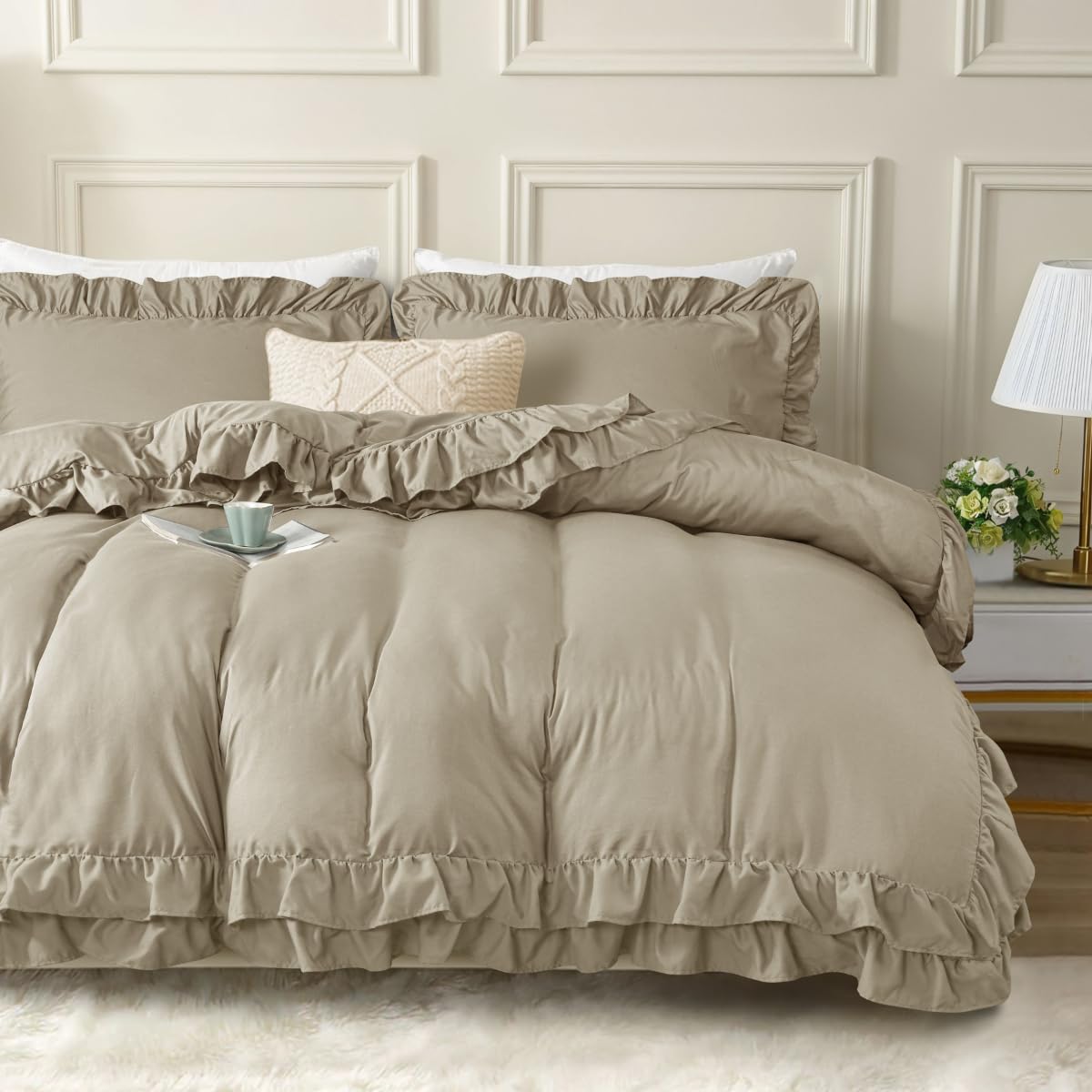 JEB TIFL Frill Duvet Cover Set with Button Closure King Size - Soft Microfiber Double-Layer Ruffle Edge Design Bedding Set, 3 piece Quilt Cover (1 Duvet Cover & 2 Pillowcase)