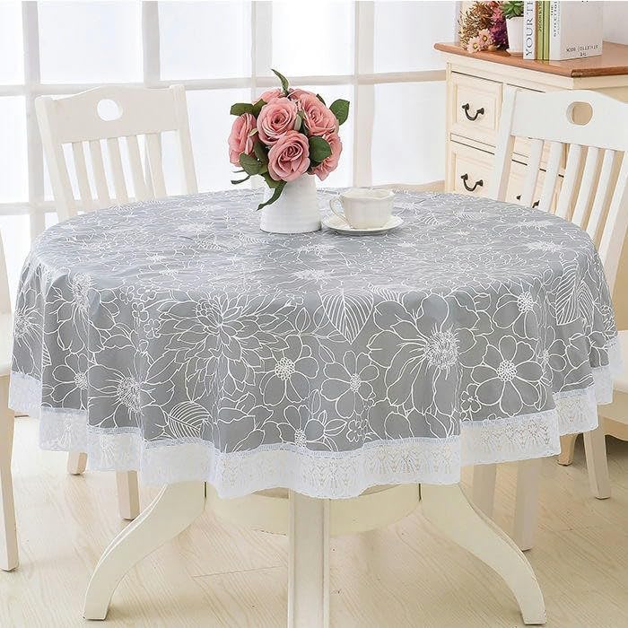 XJHWD Dia 150-220CM Ruffle Lace Large Round Pvc Table Cloth Wipe Clean Pvc Table Cloth Round Table For Circular Table Home Tablecloth Waterproof