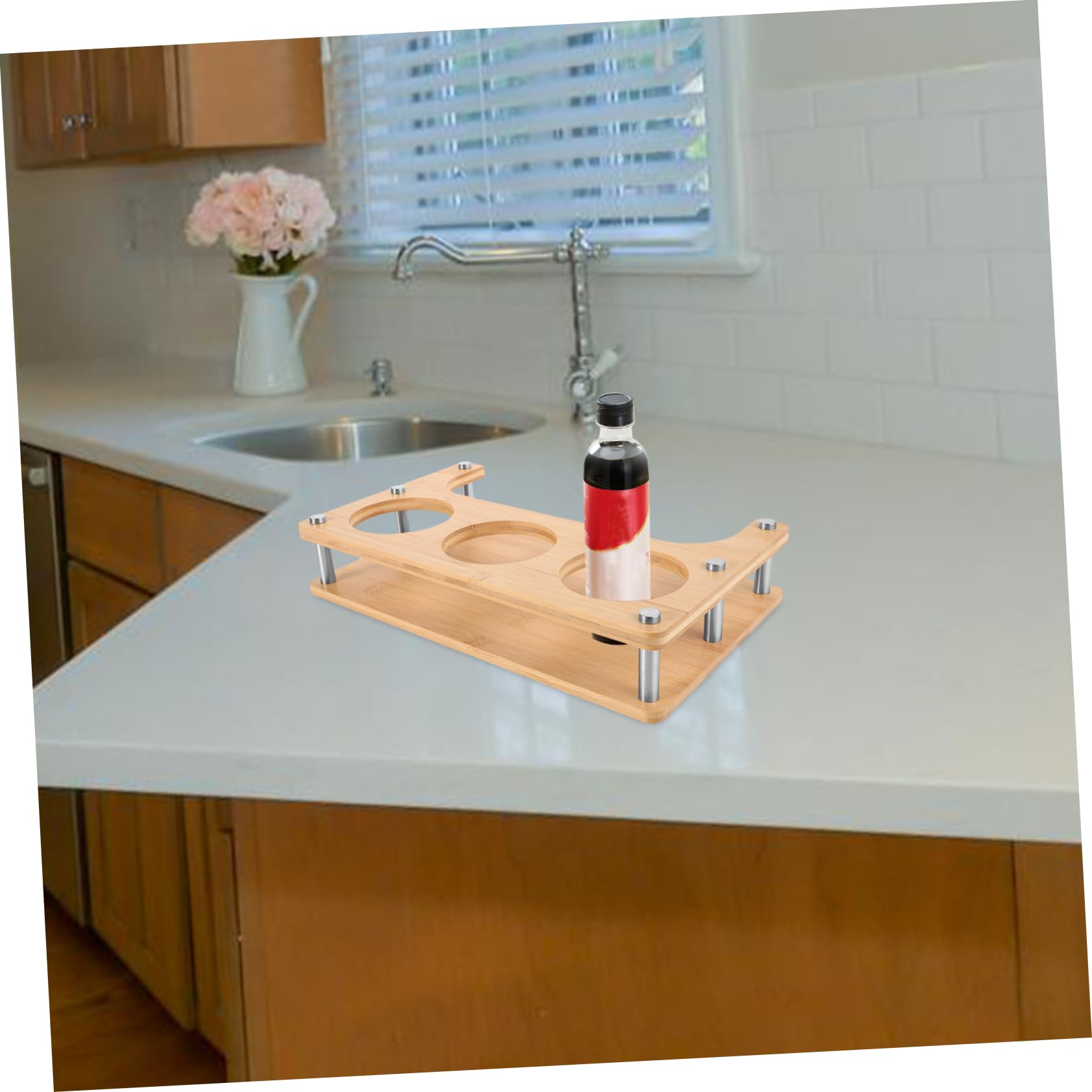 Abaodam Rack De Stockage De Pot D'assaisonnement Distributeur D'épices Portatif Rack à Épices Rond En Métal D'épices De Cuisine Support De Support De Comptoir Bac à Sel Beige En Bois