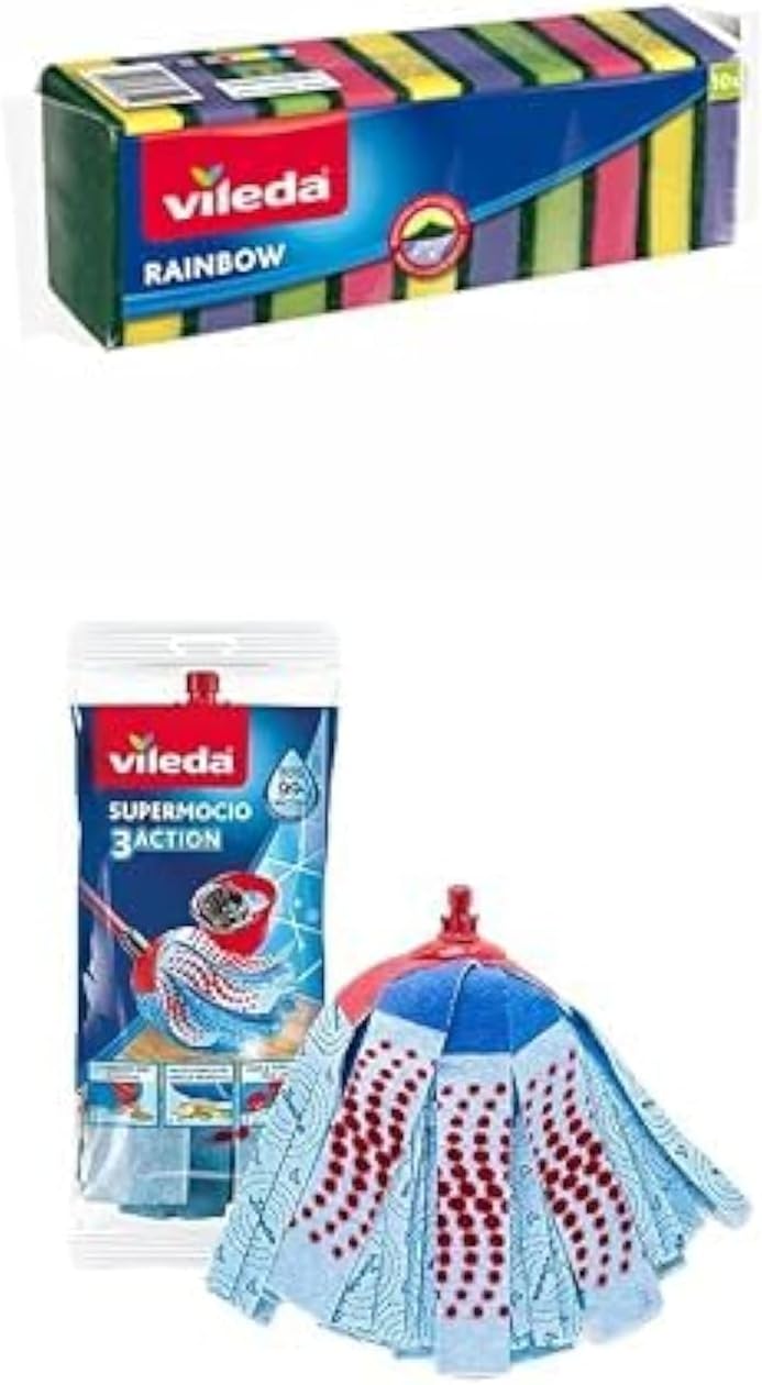 ViledaRainbow Medium Foam Sponge 10 Pcs, Multi Colours + Supermocio Floor Mop Refill