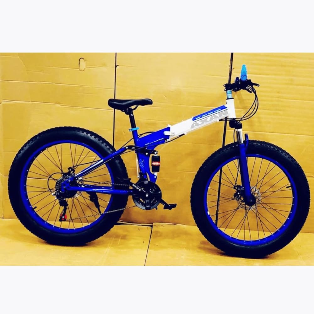 AXAN Foldable Fat Tire Mountain Bike - 26x4 Inch All-Terrain Tires, Dual Suspension, 21-Speed, Foldable Frame, for Adults (Blue)