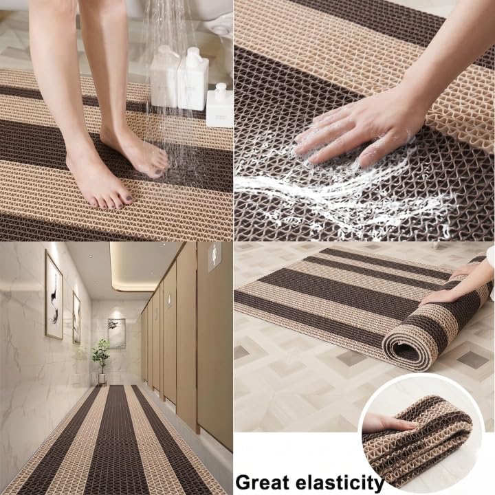 Image of ishro home Anti Skid Waterproof PVC Rubber Mat for Bathroom, Floor, Swimming Pool, Shower, Entrance & Rainy Areas | Multipurpose Dual Colour Floor Mat |Cream & Brown, 4x4 ft