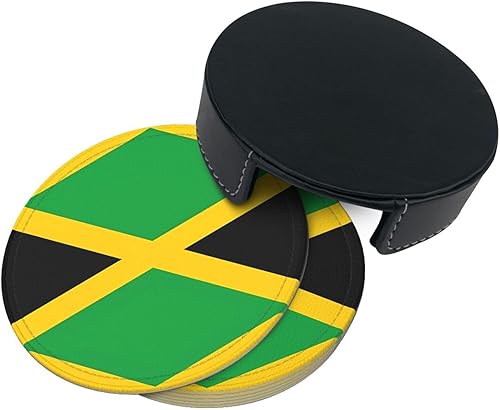 Miniatura 4 de Drink Coasters Set of 6, Jamaica Flag Printed PU Leather Round Coaster with Holder for Outdoor, Office, Bar, Funny Heat-Resistant Home Desk Decor