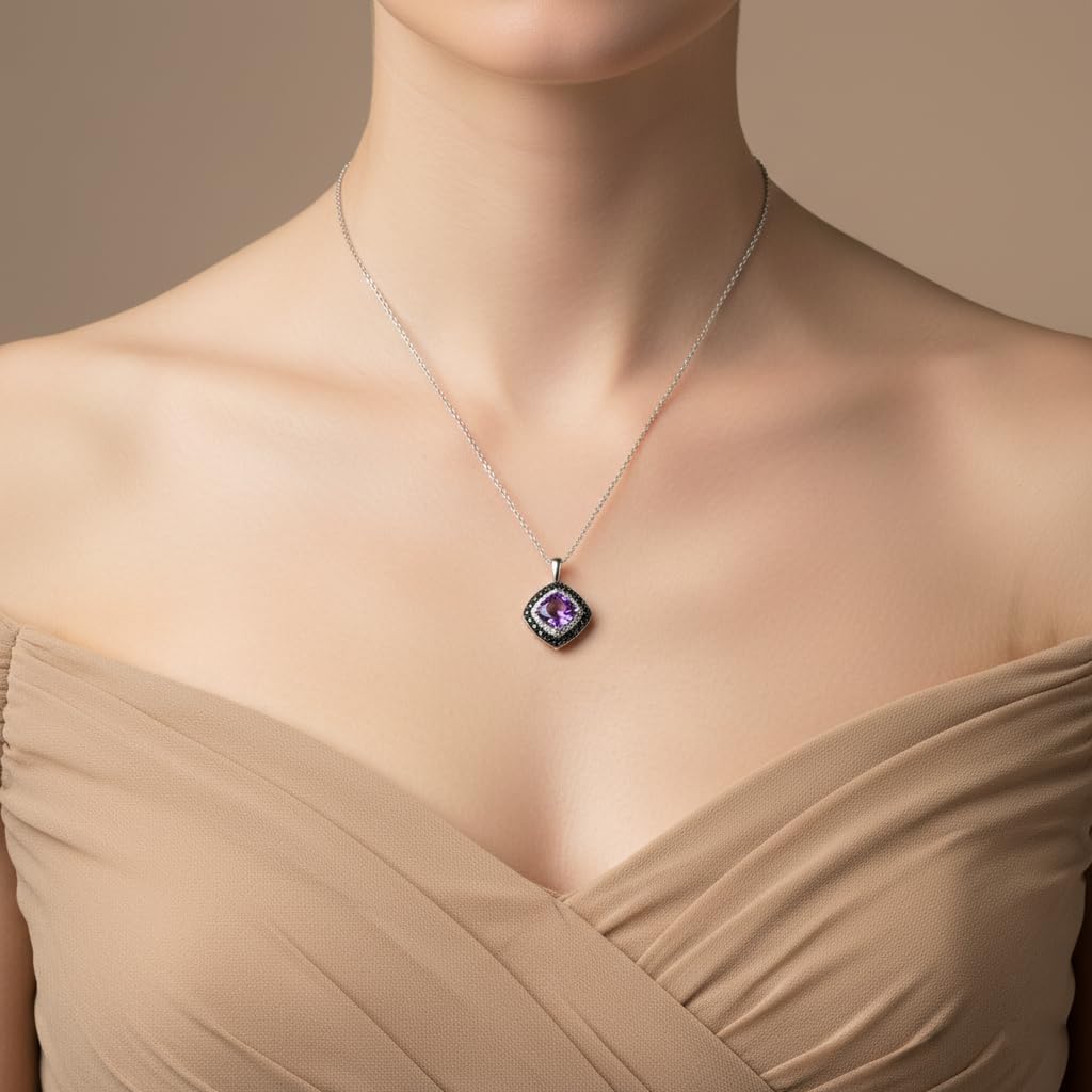 Jewelili 8MM Cushion Shape Necklace Pendant in Sterling Silver with Diamonds and Gemstone Options